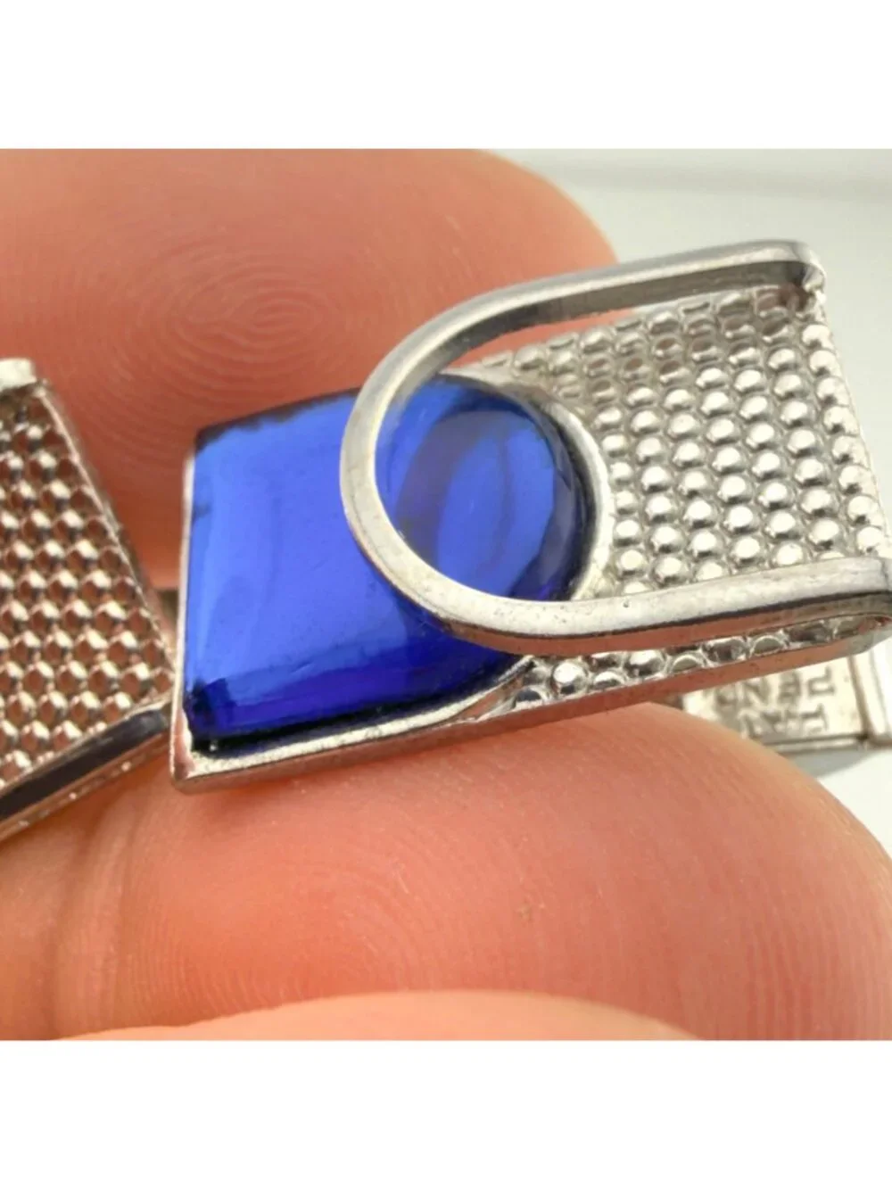 Vintage Rectangular Silver Tone Cufflinks With Blue Glass Accent